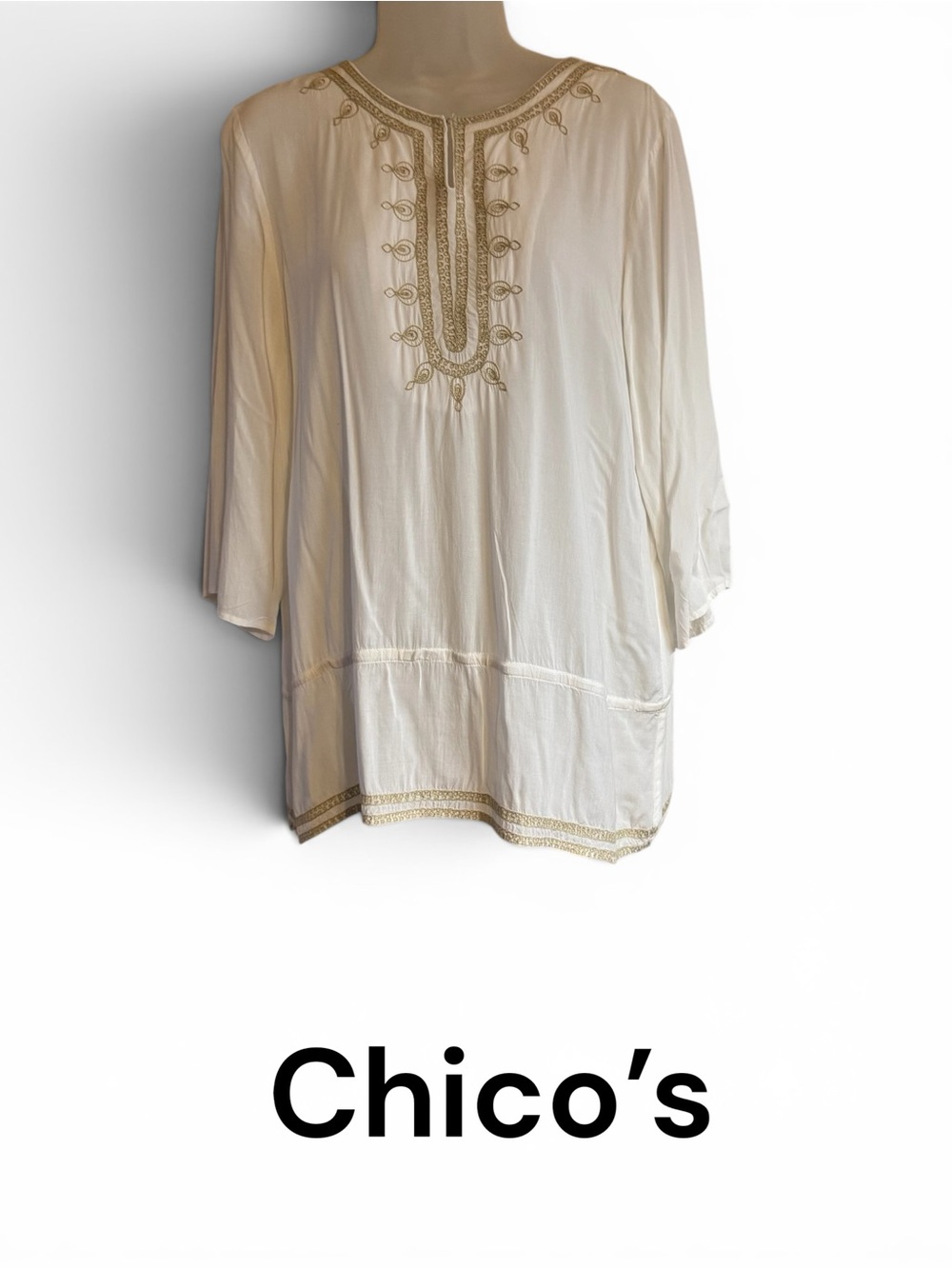 CHICO'S Cream Tunic w/Natural/Gold Embroidery 3/4 Sleeves MEDIUM #V - Picture 1 of 9